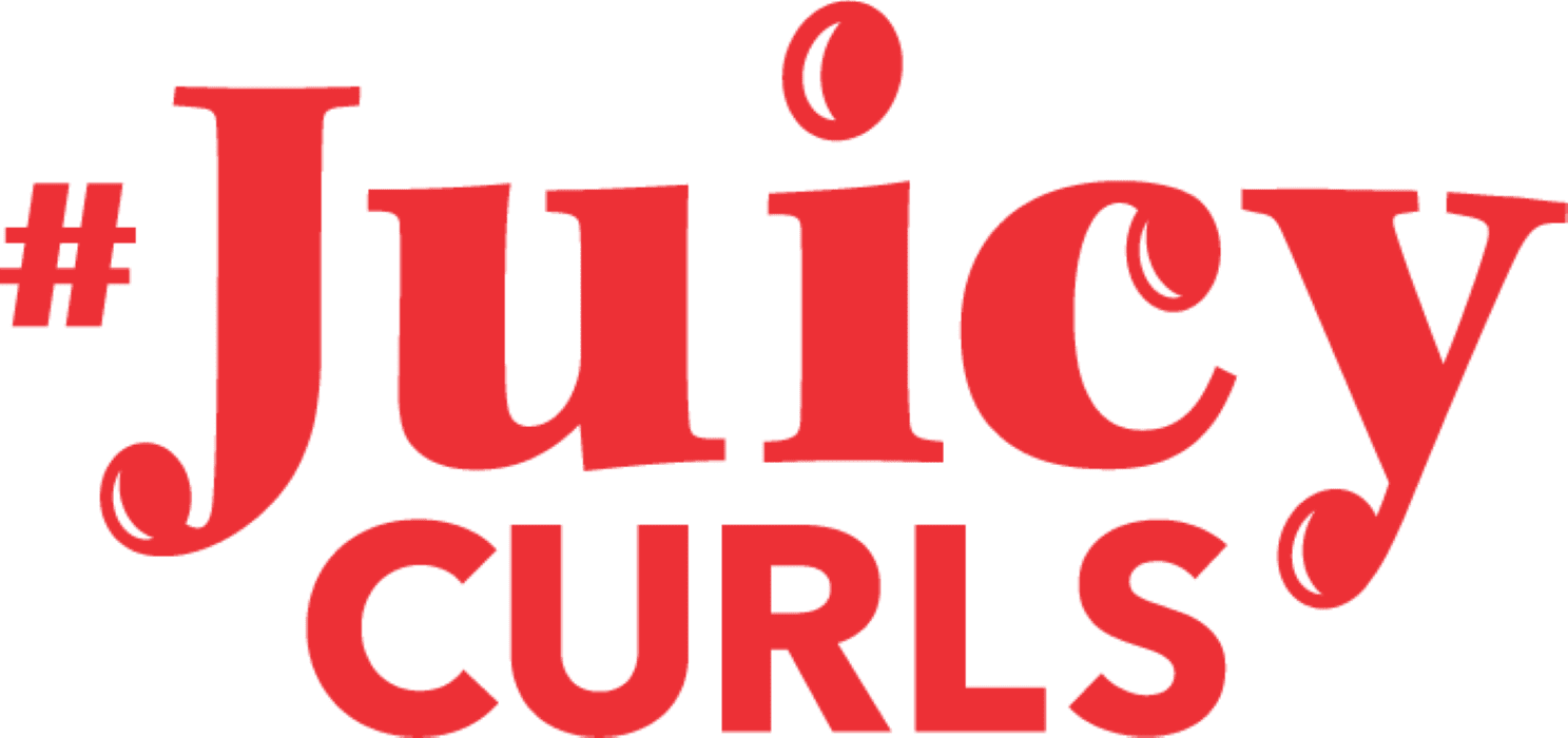 #Juicy Curls logo in bold red text.
