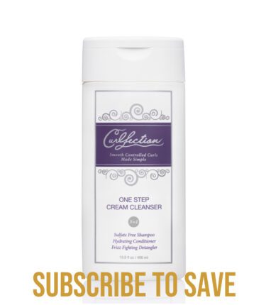 Close-up of the Curlfection One Step Cream Cleanser with "Subscribe to Save" below in gold text, against a white background.