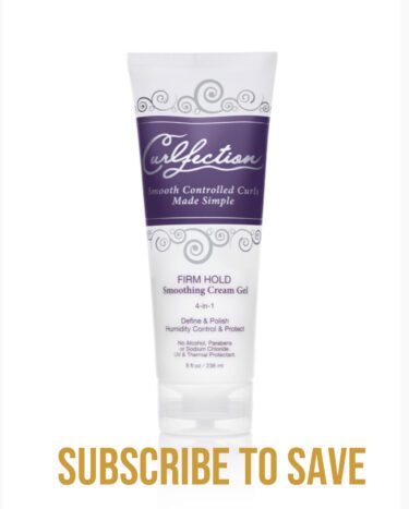 Close-up of the Curlfection Firm Hold Smoothing Cream Gel with "Subscribe to Save" below in gold text, against a white background.