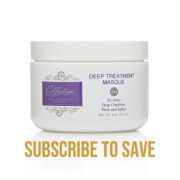 Close-up of a container of the Curlfection Deep Treatment Masque with "Subscribe to Save" below in gold text, against a white background.