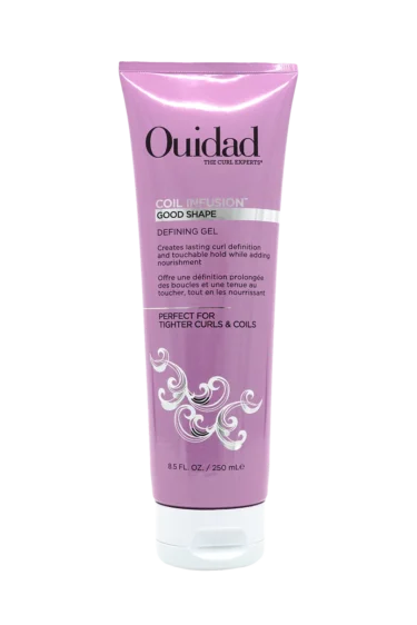 Close-up of a purple bottle of Ouidad Coil Infusion Good Shape Defining Gel against a transparent background.