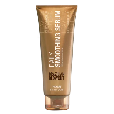 A light brown bottle of Brazilian Blowout Daily Soothing Serum against a transparent background.