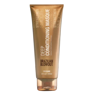 A light brown bottle of Brazilian Blowout Deep Conditioning Masque against a transparent background.