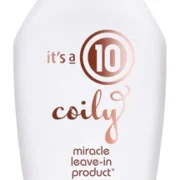 Close-up of a 4fl ounce bottle of it's a 10 Coily miracle leave-in product for curly hair, against a white background.