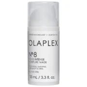 Close-up of a small white bottle of Olaplex Number 8 Bond Intense Moisture Mask against a transparent background.