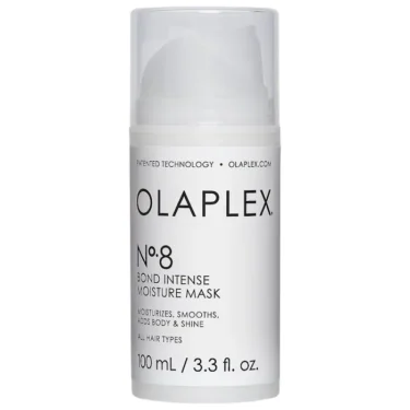 Close-up of a small white bottle of Olaplex Number 8 Bond Intense Moisture Mask against a transparent background.